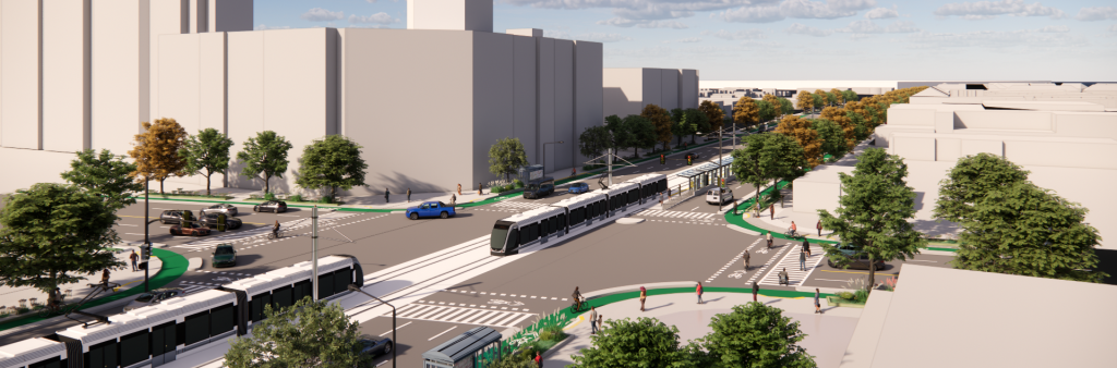 Bird's eye view rendering of the conceptual design at the Eglinton-McCowan intersection. The image shows two light rail vehicles traveling in opposite direction along dedicated tracks in the median of Eglinton Avenue East. Cycle tracks are shown on either side of the roadway with a row of trees separating it from the sidewalk. The rendering is an artist's concept and is subject to change.
