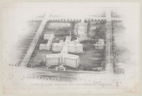 Image depicts monochrome drawing of hospital buildings from aerial perspective