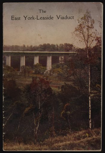 Image depicts event programme cover featuring hand-coloured monochrome photograph of Leaside viaduct