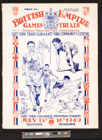 Image depicts two-coloured illustrated cover of sporting events programme