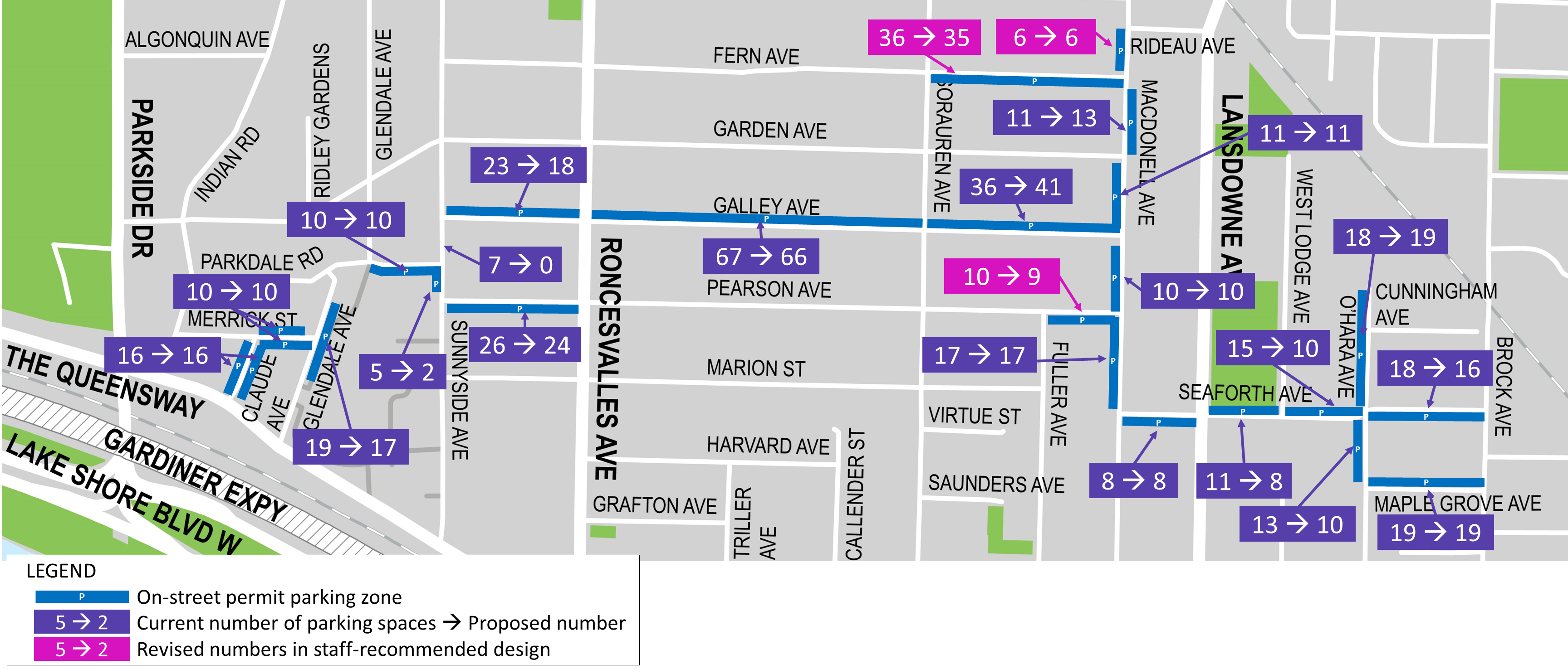 Parking impact map for West Parkdale Cycling Connections, showing current number of on-street parking spaces and proposed numbers