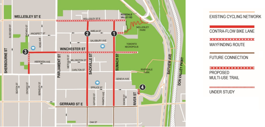 A map of bikeway installations in Cabbagetown.