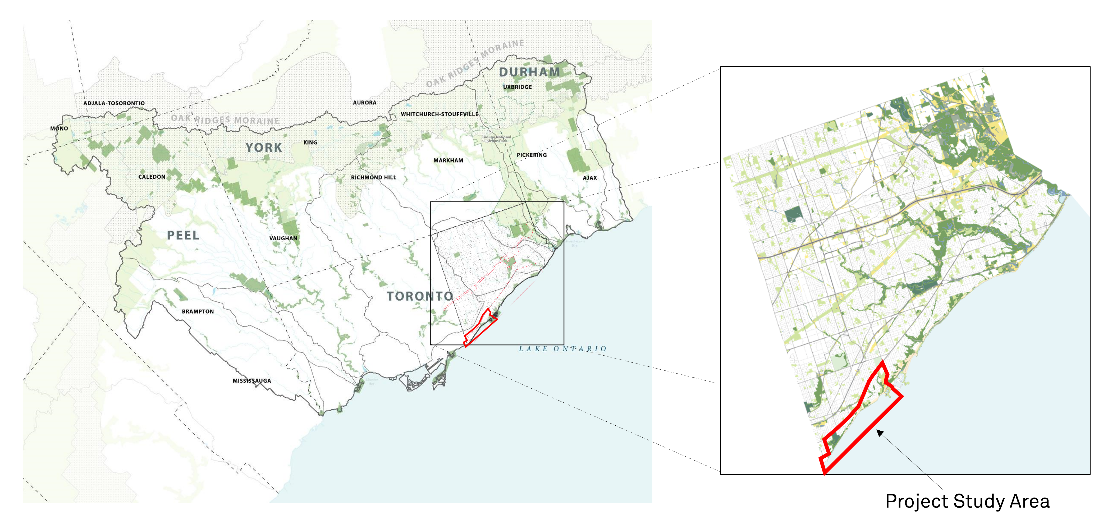 Map showing the Scarborough Bluffs shoreline in the context of the region