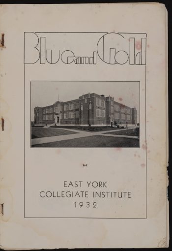 Image depicts copy of cover of school yearbook, illustrated with monochrome photograph of school building