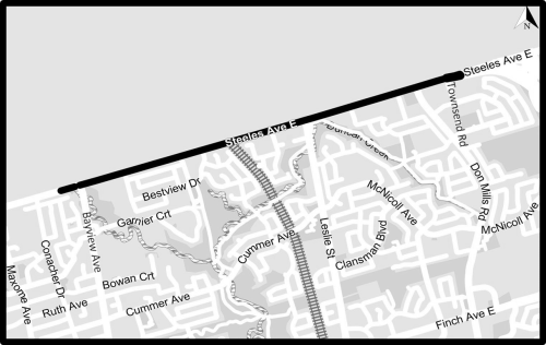 Map showing work area on Steeles Avenue East between Bayview Avenue West to east of Townsend. 