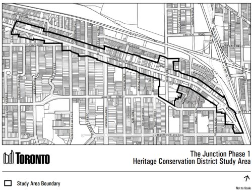 A map with the boundary of the Junction Phase I Heritage Conservation District Study Area outlined in a thick black line.