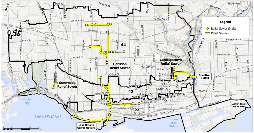 Map showing study area and three relief sewers - Garrison, Cabbagetown and Sunnyside Relief Sewers