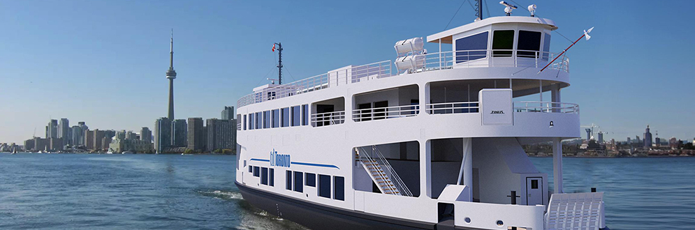 A rendering of the passenger and vehicle ferry design while on the water with the Toronto city skyline in the background.