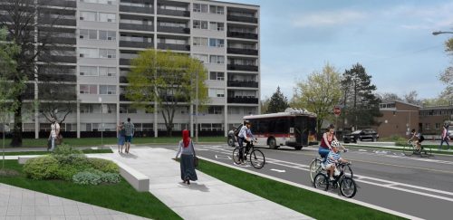 Artist's rendering of intersection improvement at Deauville Lane/Grenoble Drive. The right-turn lanes will be replaced by trees, plantings and places to sit. People walking and cycling will have shorter distances to cross the street.