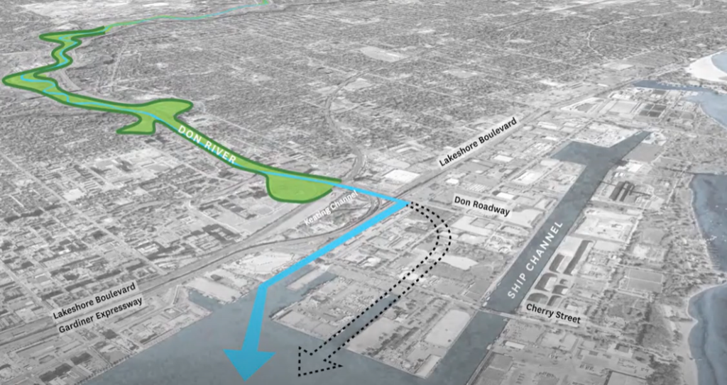 Image of the new meandering path of the renaturalized Don River mouth. The new path winds around the island in the Port Lands, with water flowing from northeast to west into Lake Ontario, just south of the Keating Channel.