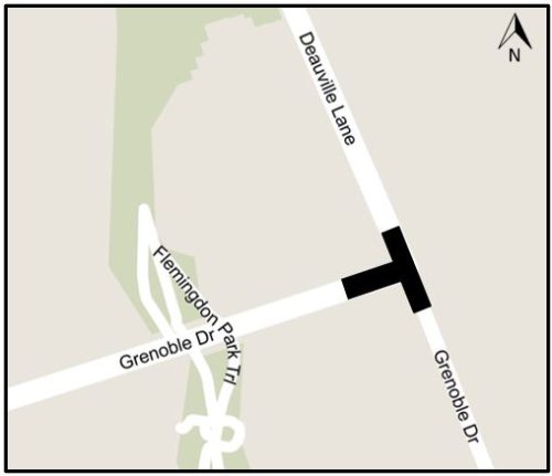 Map displays the construction area at the intersection of Grenoble Drive and Deauville Lane.