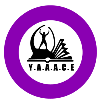 A logo with a purple circle around black text that reads Y.A.A.A.C.A with a black image of a person standing on an open book.