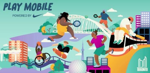 Nike Play Mobile banner, drawing shows images of athlete's playing different sports in and around Toronto Landmarks. 
