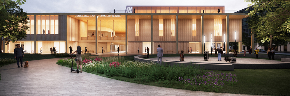 Artistic rendering of the front entrance of Don Mills Community Recreation Centre.