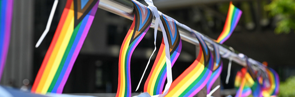 A row of small Progress Pride flags, which feature rainbow colours, attached to a railing and waving in the breeze.