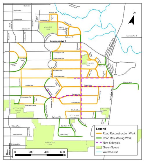 Neighbourhood map with changes approved through the Basement Flooding & Road Improvements Environmental Assessment process.