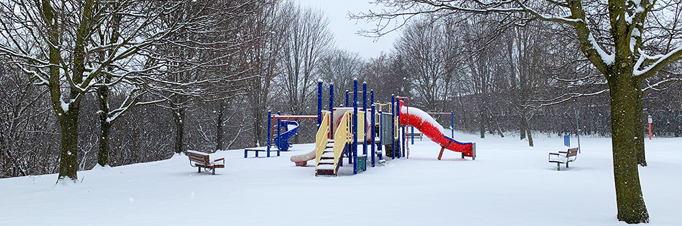 Clarinda Park playground looking towards the south from the open lawn area to the north. The playground has dense vegetation to the east, a small sod berm to the south, a walkway connection to the west, and open lawn to the north.