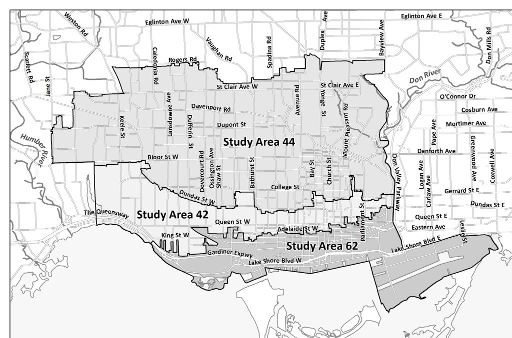 Map showing study areas 42, 44 and 62 and their boundaries in Toronto