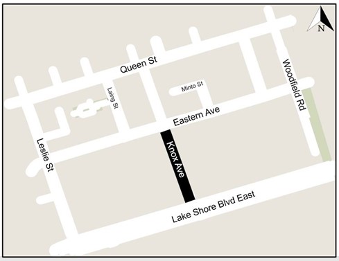 Construction map illustrating Knox Avenue from Queen Street to the north to Lakeshore Shore Boulevard East to the south; Woodfield Road to the east and Leslie Street to the west. If you require further assistance please contact Nathalie Forde at Nathalie.Forde@toronto.ca
