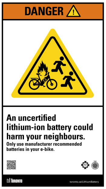 An uncertified lithium-ion battery could harm your neighbours. Only use manufacturer recommended batteries in your e-bike.