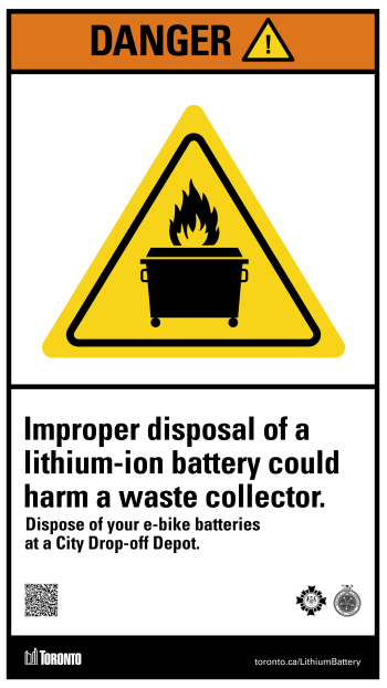 Improper disposal of a lithium-ion battery could harm a waste collector. Dispose of your e-bike batteries at a City drop-off depot.