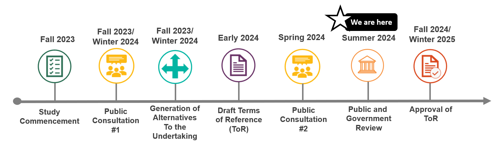 Overview map of the process for the Terms of Reference phase showing that the project is currently in the Government and Public Review period in summer 2024.