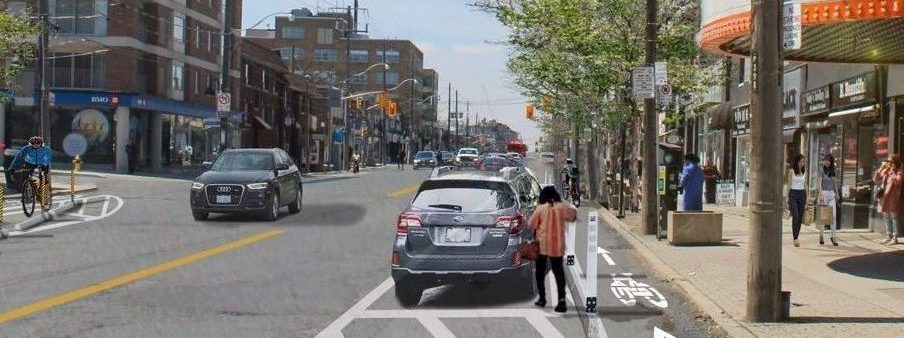 Rendering of complete street (two lanes, parking, cafes, cycle track, sidewalks) on Eglinton Avenue West looking westward in front of The Eglinton Grand theater located between Elmsthorpe Avenue and Braemer Avenue.