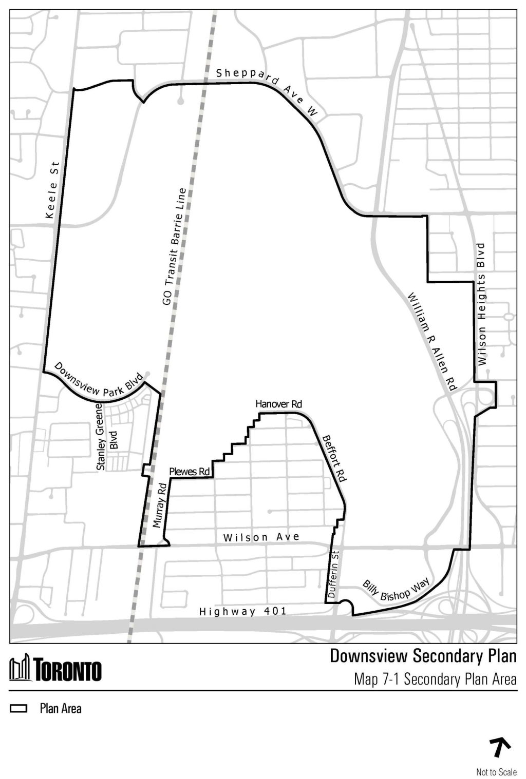 Map showing the Downsview Secondary Plan boundary, which generally extends between Keele Street, Wilson Avenue, Wilson Heights Boulevard and Sheppard Avenue West.