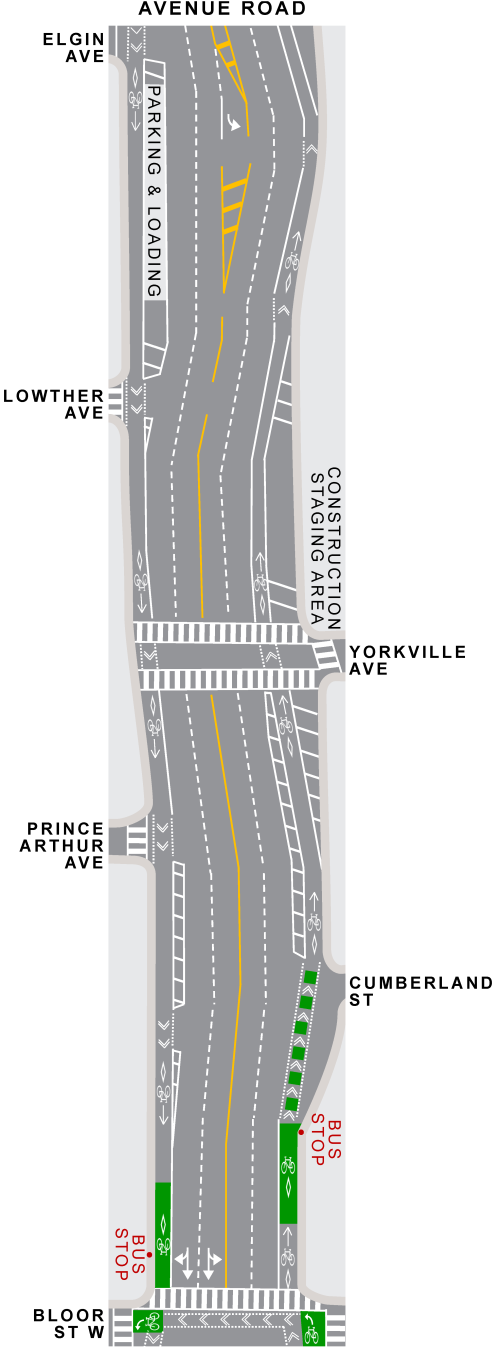 Map showing lane configurations and cycle tracks on Avenue Road from Elgin Road to Bloor Street West