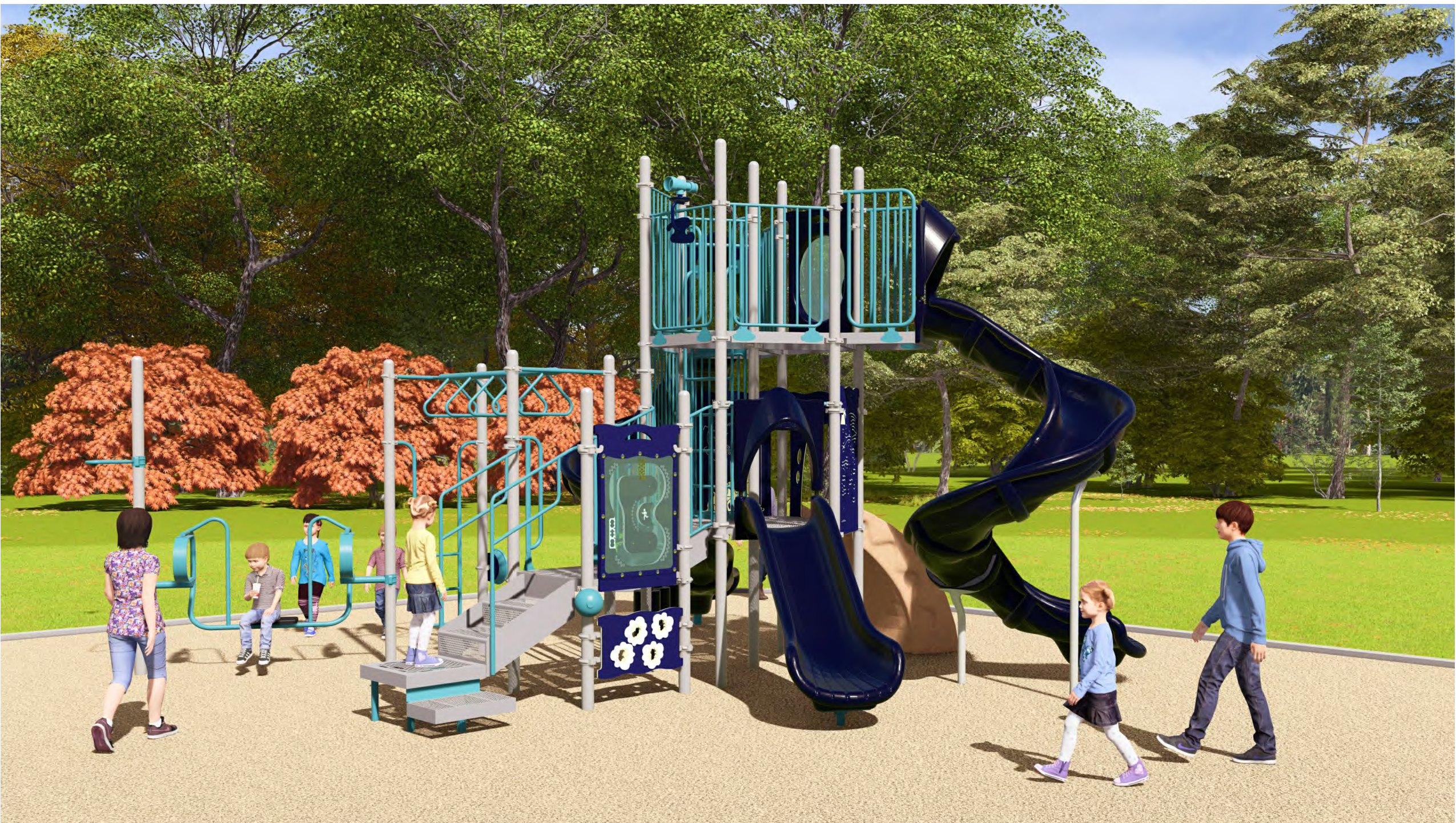 The final design for the new playground coming to 3405 Sheppard Avenue East. It will be blue, teal, and grey and include the play features listed following the image.