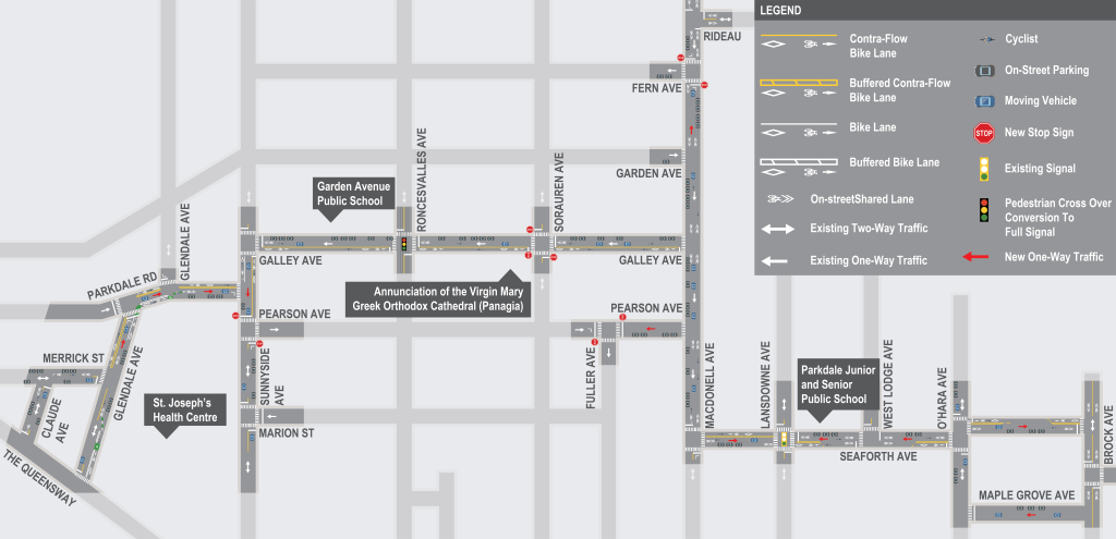 Map showing bikeways and street direction changes in West Parkdale