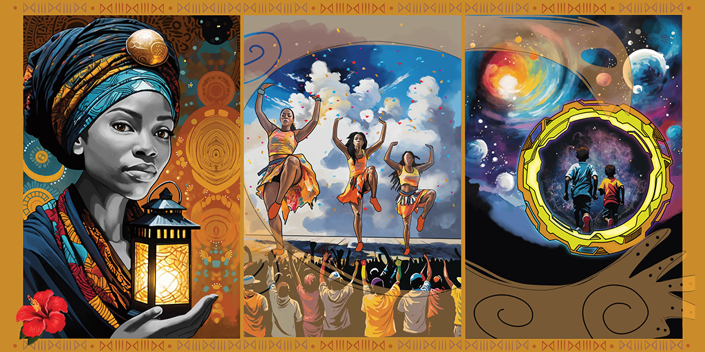 A 3-panel composite of artworks created in celebration of Emancipation. On the left a Black women holds a lantern. In the middle, three Black women dance on a stage in front of a crowd, on the right, two Black children run towards a starry sky with the solar system framing them.