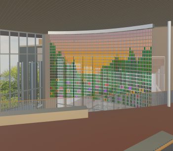 Detail of artist Shellie Zhang's proposal, a large hanging beaded curtain sculpture featuring the image of a sunset against a green landscape with wildflowers
