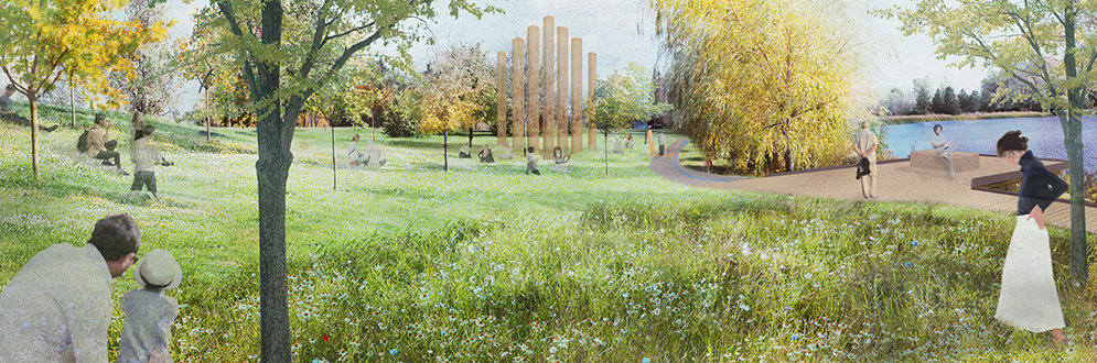 Park visitors sitting in meadow and walking along path beside pond in Centennial Park.