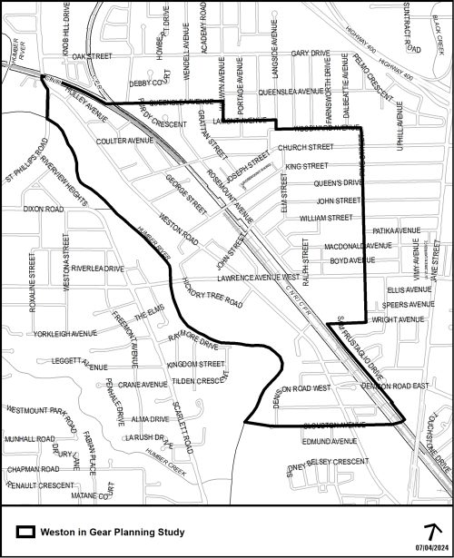 Map of Weston in Gear Planning Study Boundary. The boundaries are Clouston Avenue to the south, the CP Rail Line, Wright Avenue, and Pine Street to the east, Woodward Avenue, Langside Avenue, Lamont Avenue, Walwyn Avenue, Queenslea Avenue, and The Metrolinx Rail Corridor to the north, and Weston Road, St. Phillips Road, and the Humber River to the west.