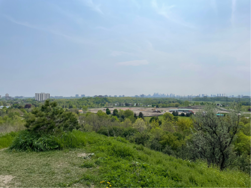 View of baseball hub construction site, looking west from the top of Centennial Park Hill.