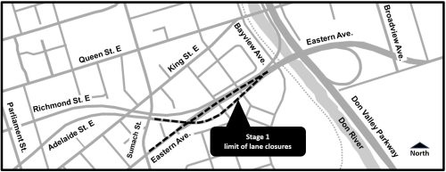 Map of work area along Adelaide Street and Eastern Avenue bridge. Please contact Maria Lippa by phone at 416-495-4214 or by email at EastAdelaideBrdg@morrisonhershfield.com