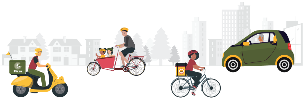 An illustration of a street with a food delivery courier operating a seated scooter, a woman riding a bicycle, a parent riding a cargo bicycle with two kids in the front and an older man driving a small electric car.
