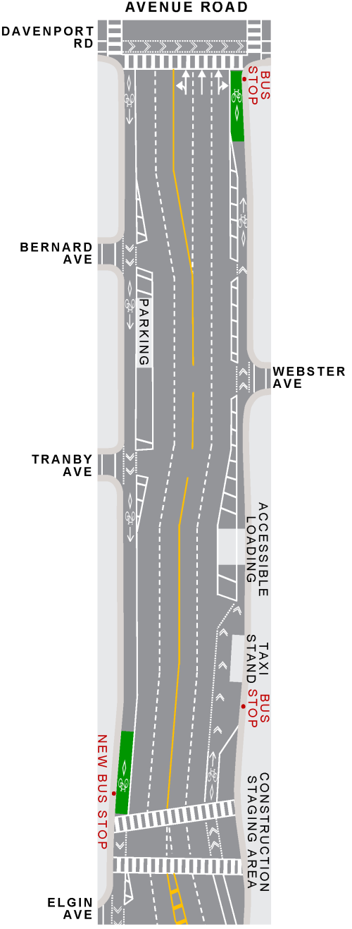 Map showing lane configurations and cycle tracks on Avenue Road from Davenport Road to Elgin Road