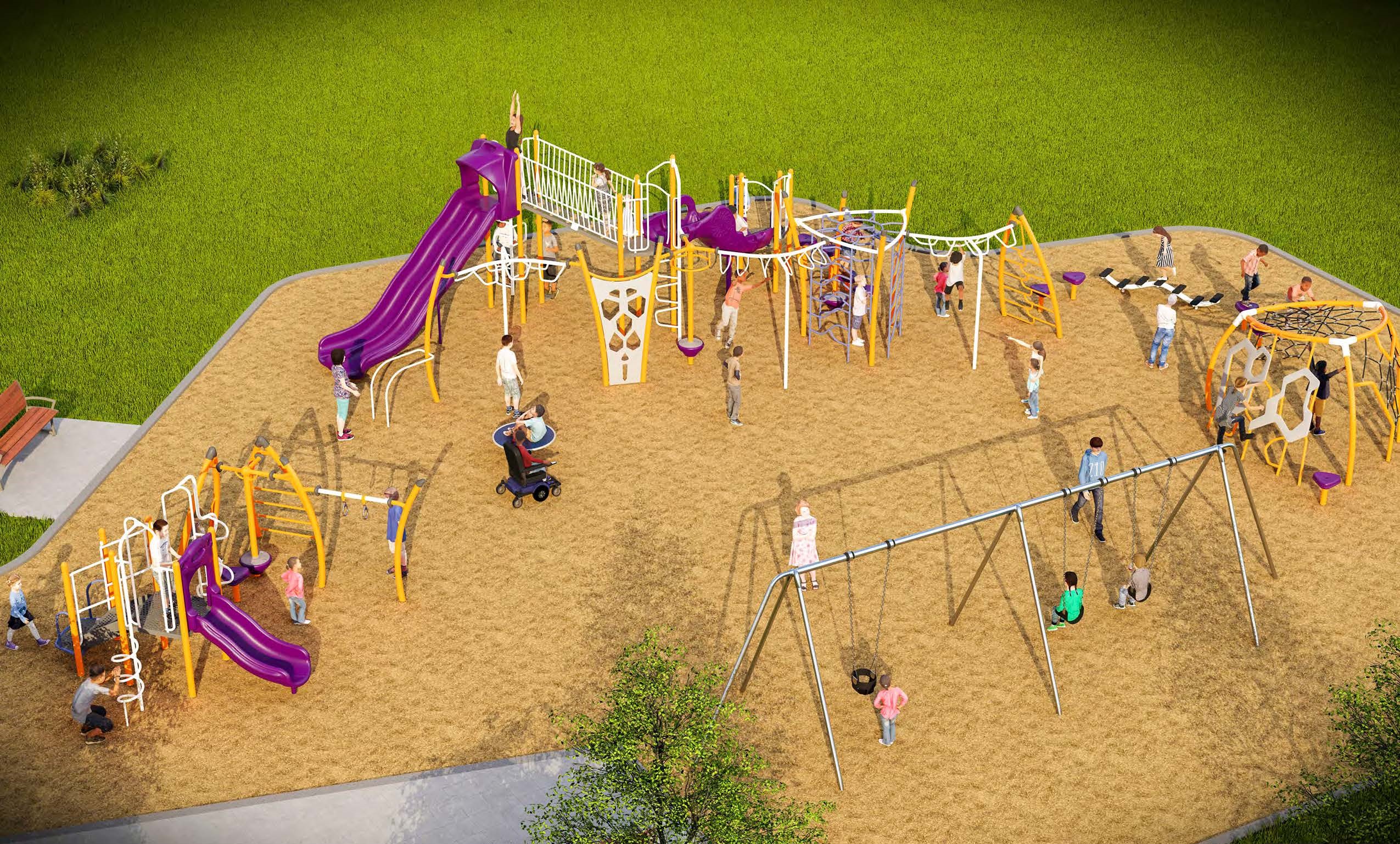 The final design for the new Caswell Park playground, which has been refined based on community feedback. It will be purple, yellow, and white and include the play features following the image.