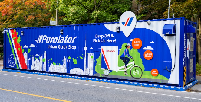 Side view of branded shipping container that operates as an On-Street Logistics Mini Hub