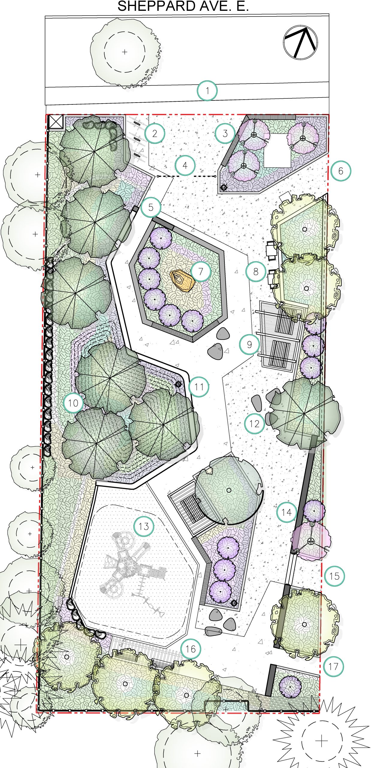 Rendered plan of the new park coming to 3405 Sheppard Avenue East. The park includes buffer planting areas along the perimetre, horticultural garden beds through the middle, and a playground in the southwest corner. A pergola with two benches is located south of the playground, and another pergola with two picnic tables is located on the east side of the park, with two game tables located immediately to the north. The park also features a central Melaleuca stone sculptural element and accessible pathways throughout. Bicycle parking is located at the north entrance.