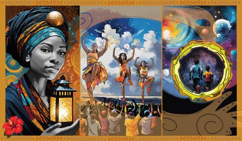 A 3-panel composite of artworks. On the left a Black woman holds a lantern. In the middle, three Black women dance on a stage in front of a crowd. On the right, two Black children run towards a starry sky with the solar system framing them.