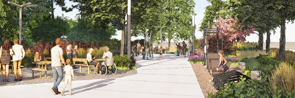 A digital rendering of a park featuring a wide, paved pathway surrounded by lush green grass and various trees. Some trees have green leaves, while others are blooming with pink flowers. Benches are placed along the path, and modern lamp posts are scattered throughout the area. People are enjoying the park, with some walking, a person in a wheelchair, and others seated on benches.