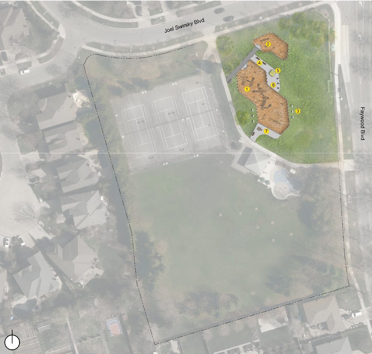 Site plan of improvements to Balmoral Park showing the play, fitness and seating areas in the north-east corner of the park.