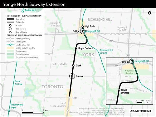 Map displaying the proposed alignment of the Yonge North Subway Extension (YNSE): an initiative under the Metrolinx-led Subway Program. The YNSE will extend Line 1 and the map outlines the five stations at Steeles, Bridge, High Tech, Clark, and Royal Orchard.