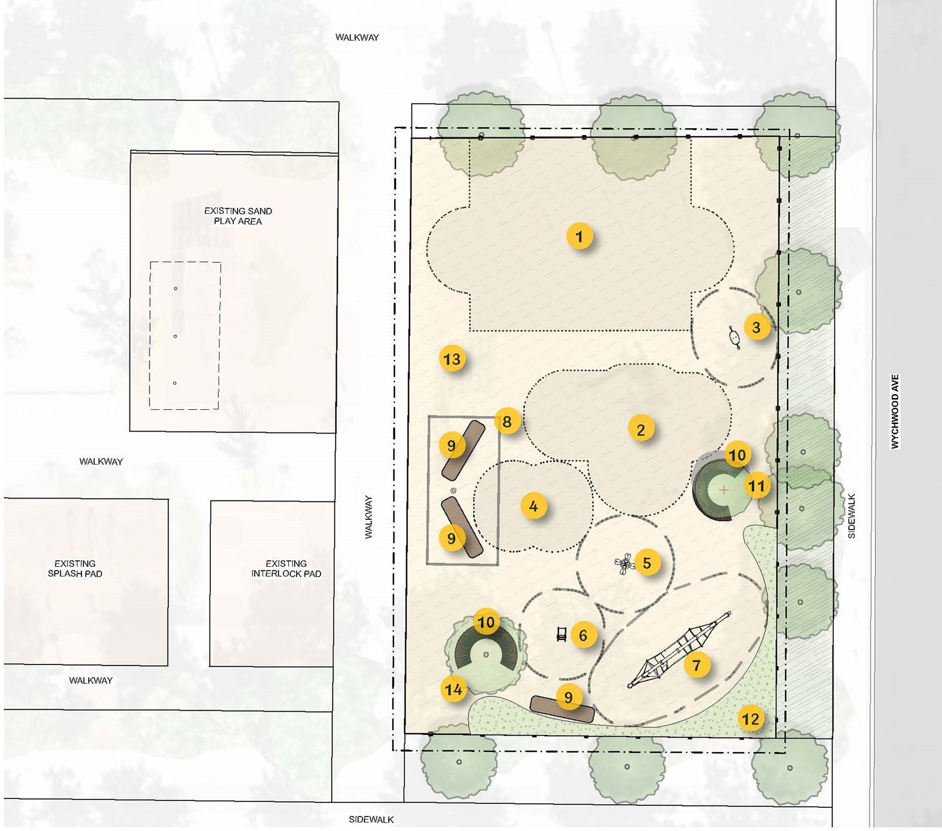 Design B - a map with Wychwood Avenue on the far left with areas numbered that corresponded with the list following the image. The focus of Design B is springer toys.