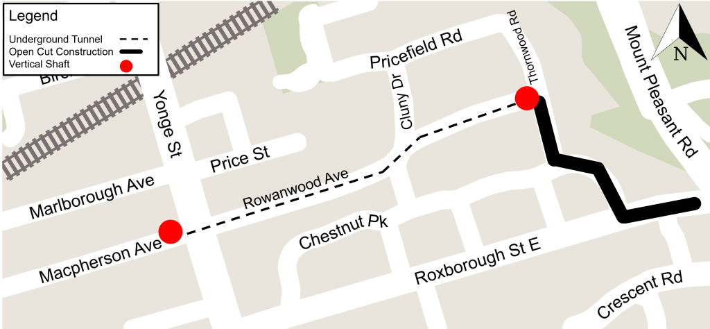 Map showing construction from Rowanwood Avenue from Macpherson Avenue to Thornwood Road, on Thornwood Road from Rowanwood Avenue to Chestnut Park, on Chestnut Park from Thornwood Road to Roxborough Street East, and on Roxborough Street East from Chestnut Park to Wrentham Place. 