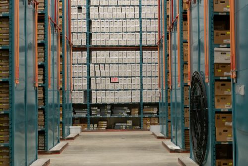 Warehouse with shelves of boxes