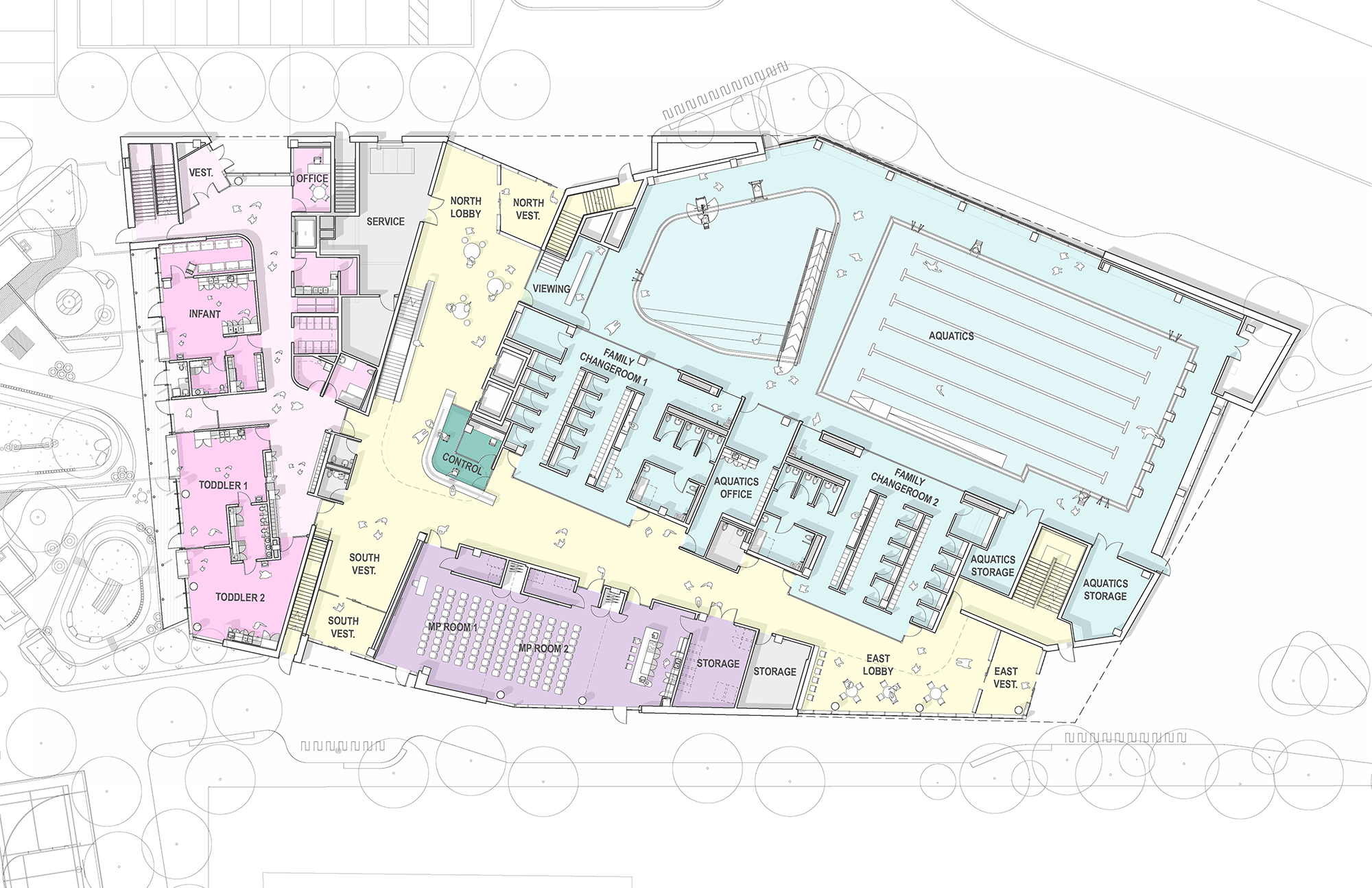 The main floor plan of the new Lawrence Heights Community Recreation Centre’s will feature aquatics area with two family change rooms, multipurpose rooms, programmable lobby space and a Child Care area.